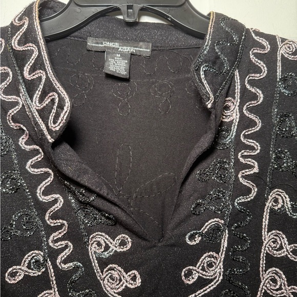 Once Again Woman’s Ribbon Embroidered Sparkle Tunic Size Medium Black Mandarin - Picture 2 of 6
